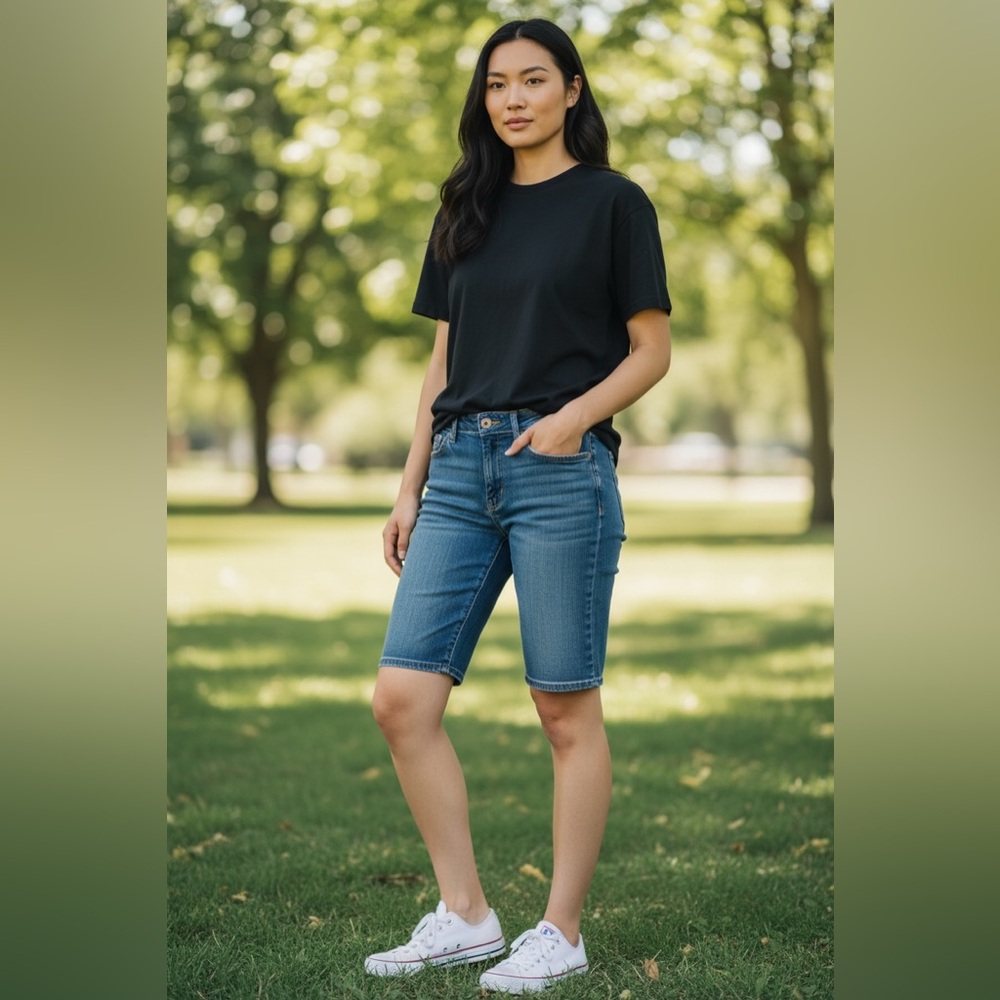 Articles Of Society Mid-Length Denim Bermuda Shorts in Blue